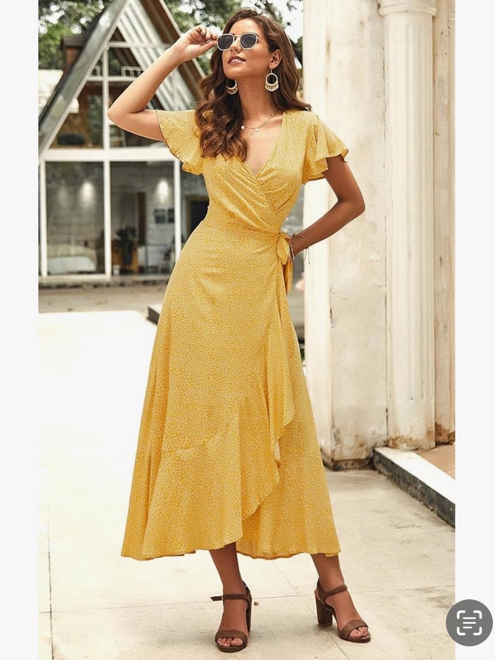 Sunny Yellow Wrap V-Neck Ruffle Maxi Dress